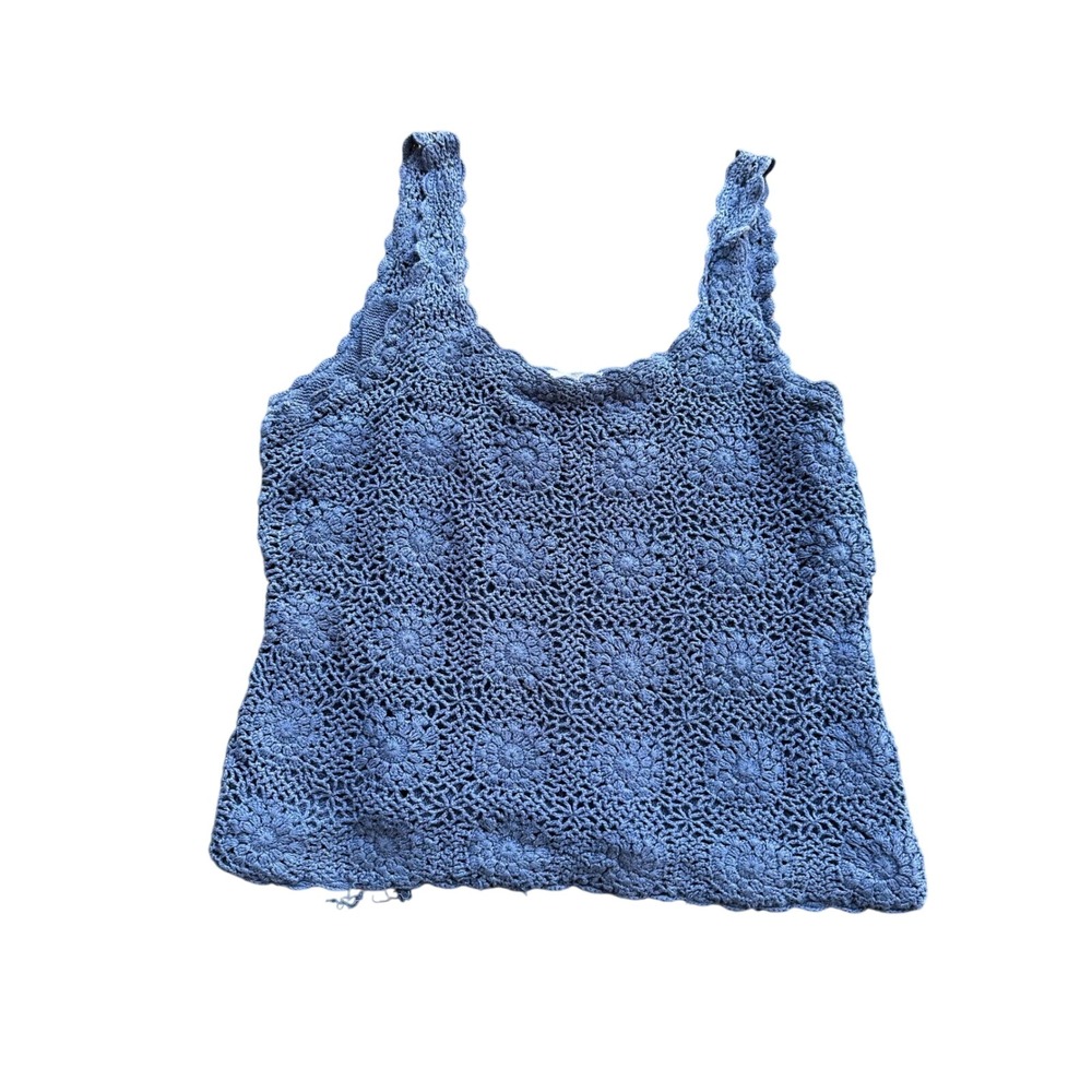 White‎ Stag Crochet Flower Tank Top Blue Sleeveless Knit Summer Beach Size M